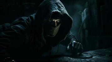 hooded thief lurking in the dark night photo