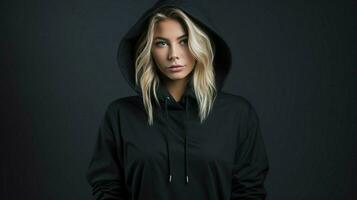 hooded jacket on fashion model in black photo