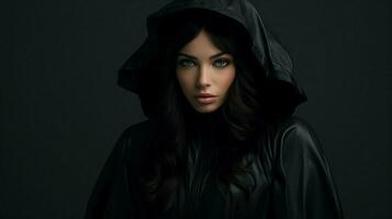 hooded jacket on fashion model in black photo