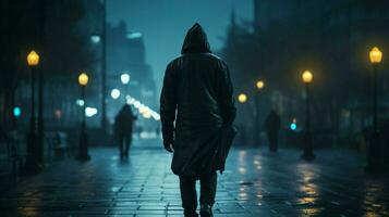 hooded thief walking in the dark city photo