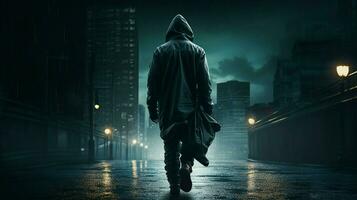 hooded thief walking in the dark city photo