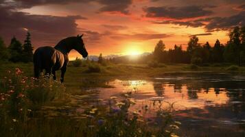 horse grazes in idyllic meadow at sunset photo