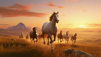 horses running in meadow at sunset photo