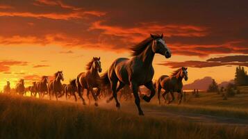 horses running in meadow at sunset photo