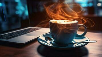 caliente café en moderno escritorio inalámbrico tecnología foto