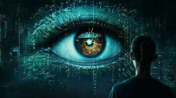 human eye watching futuristic security system data photo