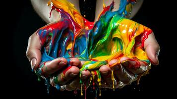 human hand holding wet rainbow paint fun chaos photo