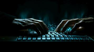 human hand typing on computer keyboard at night photo