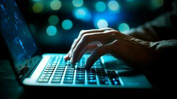 human hand typing on computer keyboard at night photo