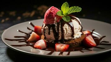 ice cream dessert with strawberry and chocolate sauce photo