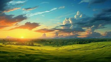 idílico rural escena verde prado y puesta de sol cielo foto