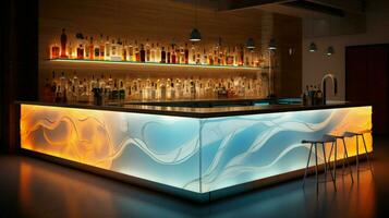 illuminated bar counter inside modern drink establishment photo