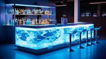 illuminated bar counter inside modern drink establishment photo