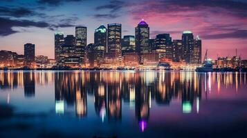 iluminado ciudad horizonte refleja en frente al mar a oscuridad foto