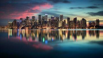 illuminated city skyline reflects on waterfront at dusk photo