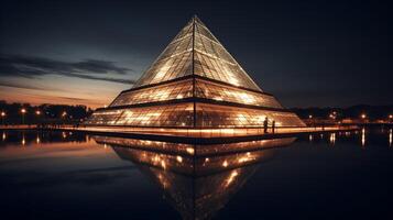 iluminado punto de referencia refleja en agua majestuoso hombre hecho foto