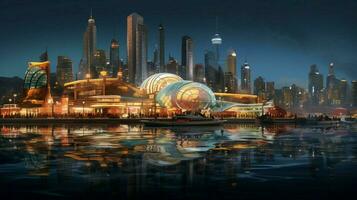 illuminated skyline glows over crowded waterfront casino photo