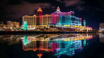 illuminated skyline glows over crowded waterfront casino photo