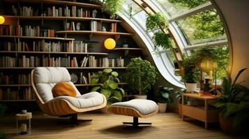 indoor library with modern bookshelf comfortable armchair photo