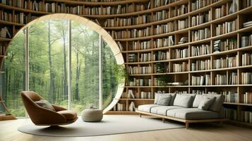 indoor library with modern bookshelf comfortable armchair photo