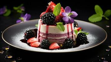 indulgente gastrónomo postre con Fresco baya Fruta y flor foto