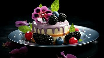 indulgent gourmet dessert with fresh berry fruit and flower photo