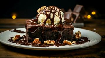 indulgent homemade brownie slice with fudge sauce photo