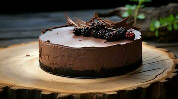 indulgente hecho en casa chocolate tarta de queso en un madera mesa foto