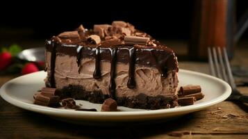 indulgent homemade chocolate cheesecake on a wood table photo