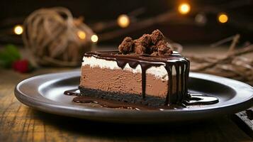 indulgent homemade chocolate cheesecake on a wood table photo