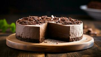 indulgent homemade chocolate cheesecake on a wood table photo