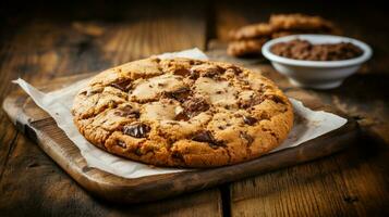 indulgent homemade chocolate chip cookie on rustic wood photo