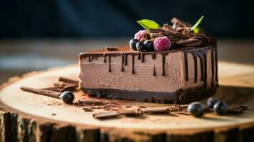 indulgente hecho en casa chocolate tarta de queso en un madera mesa foto