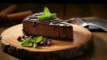 indulgent homemade chocolate cheesecake on a wood table photo