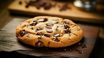 indulgent homemade chocolate chip cookie on rustic wood photo