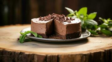 indulgent homemade chocolate cheesecake on a wood table photo