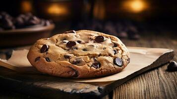 indulgent homemade chocolate chip cookie on rustic wood photo