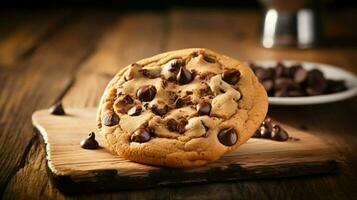 indulgent homemade chocolate chip cookie on rustic wood photo