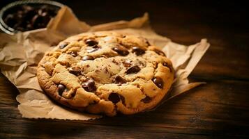 indulgent homemade chocolate chip cookie on rustic wood photo