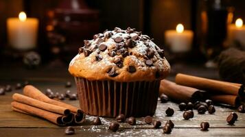 indulgent homemade chocolate chip muffin with rustic decor photo