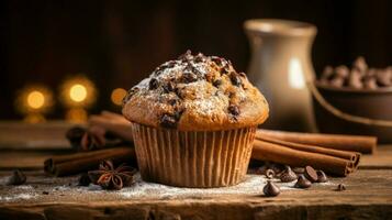 indulgent homemade chocolate chip muffin with rustic decor photo