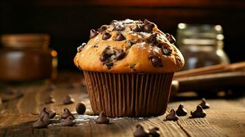 indulgent homemade chocolate chip muffin with rustic decor photo