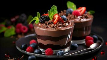 indulgente hecho en casa chocolate mousse con Fresco baya Fruta foto