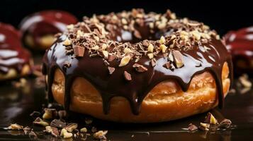 indulgente hecho en casa rosquilla con chocolate Formación de hielo un dulce foto