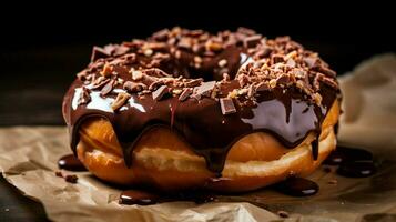 indulgente hecho en casa rosquilla con chocolate Formación de hielo un dulce foto