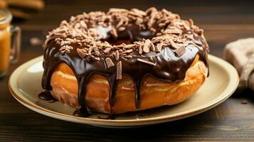 indulgente hecho en casa rosquilla con chocolate Formación de hielo un dulce foto