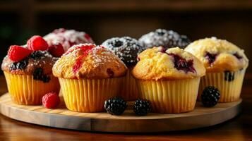 indulgent homemade gourmet muffins with fresh berry photo