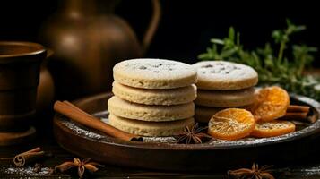 indulgent homemade shortbread cookies stacked on rustic photo
