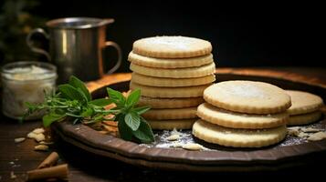 indulgent homemade shortbread cookies stacked on rustic photo