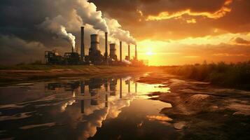 industrial sunset reflects pollution from factory equipment photo